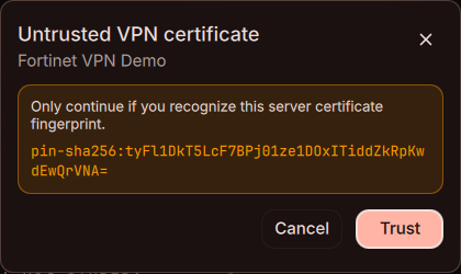 Fortinet VPN server certificate confirmation in DMS